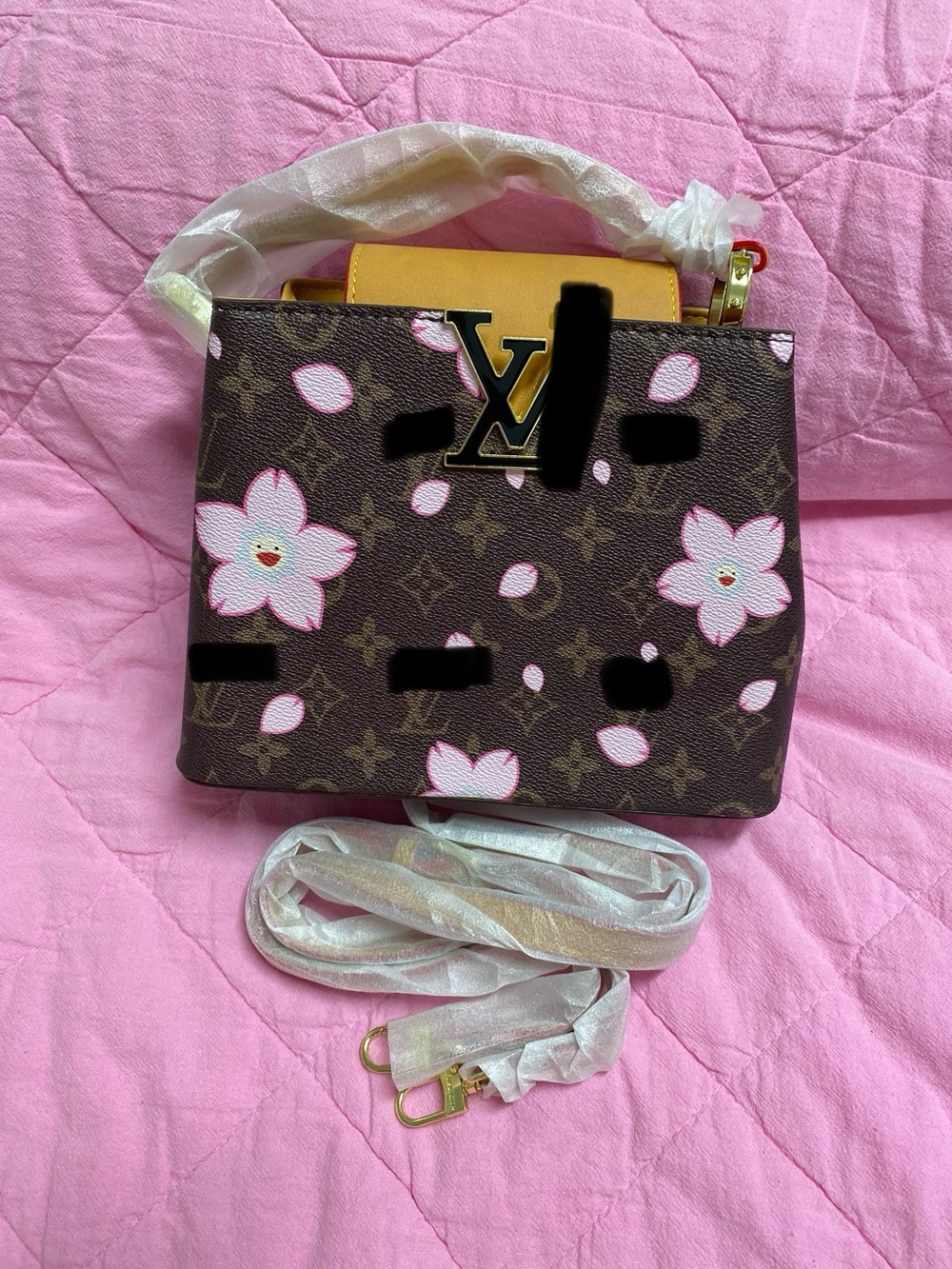Designer-Inspired Brown Monogram Handbag with Pink Floral Accents